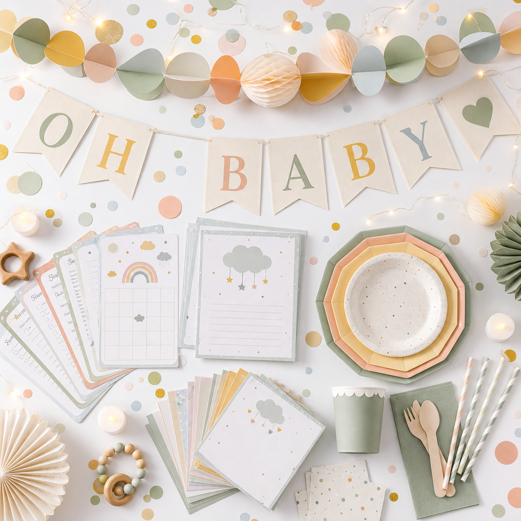Baby Shower Box — party kit flat-lay