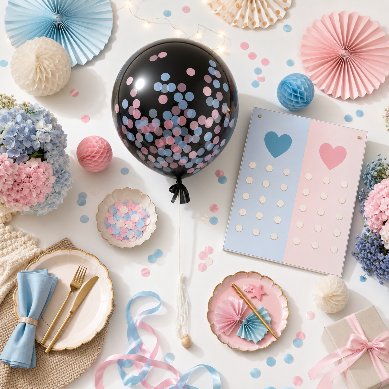 Celebration Reveal Box — party kit flat-lay