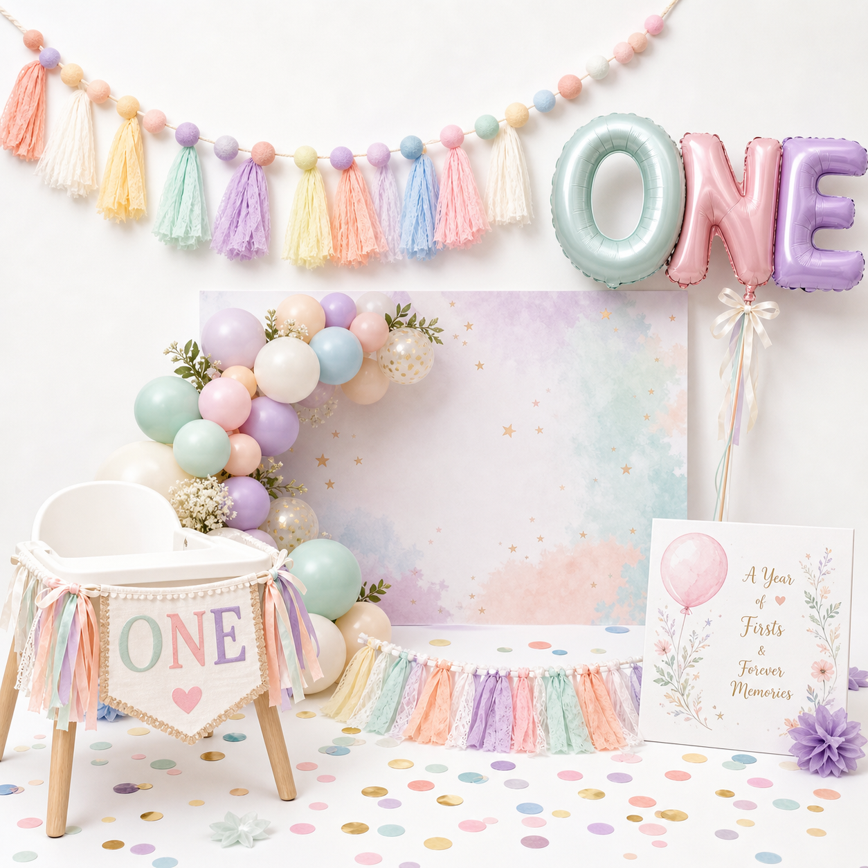 First Birthday Box — party kit flat-lay