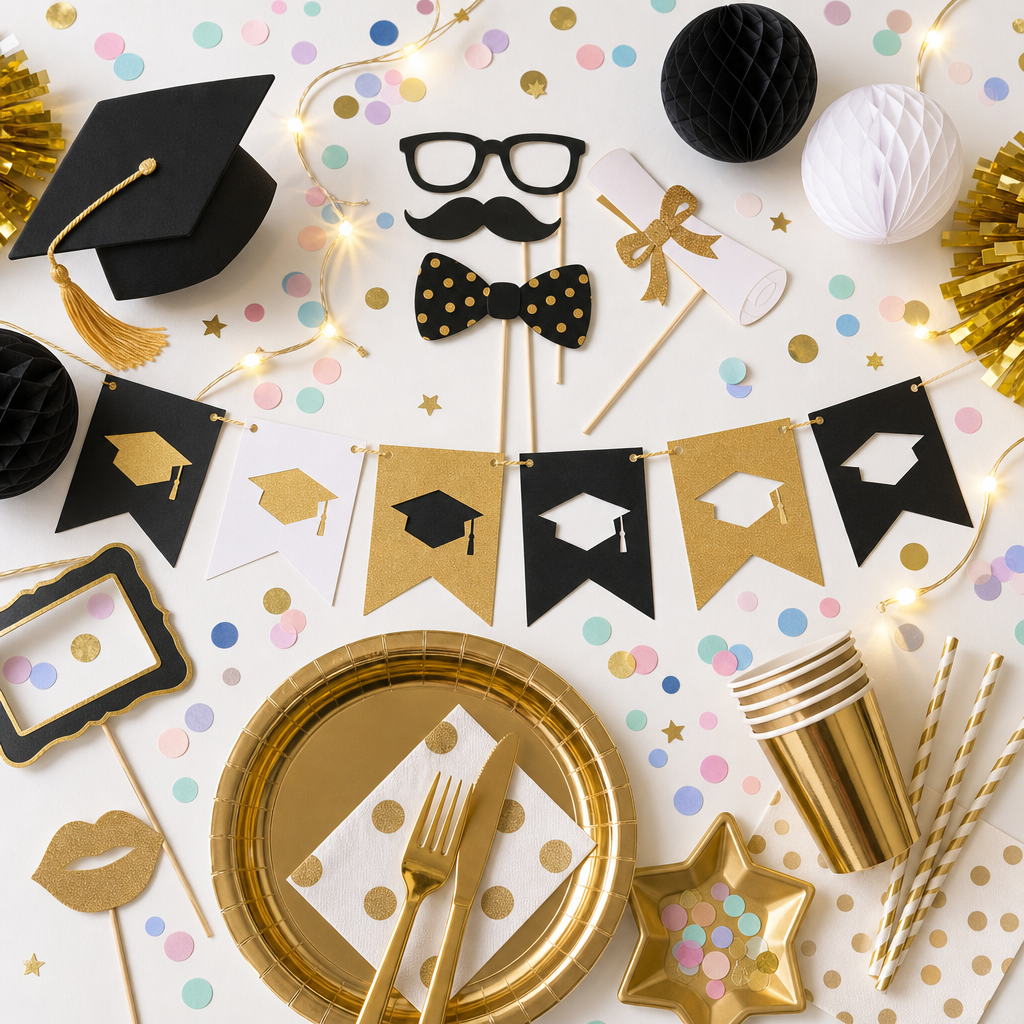 Graduation Box — party kit flat-lay