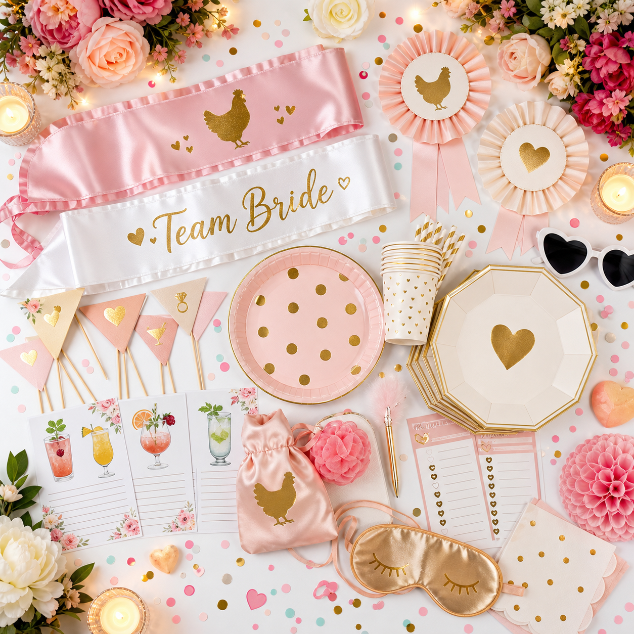 Hen & Bridal Shower Box — party kit flat-lay