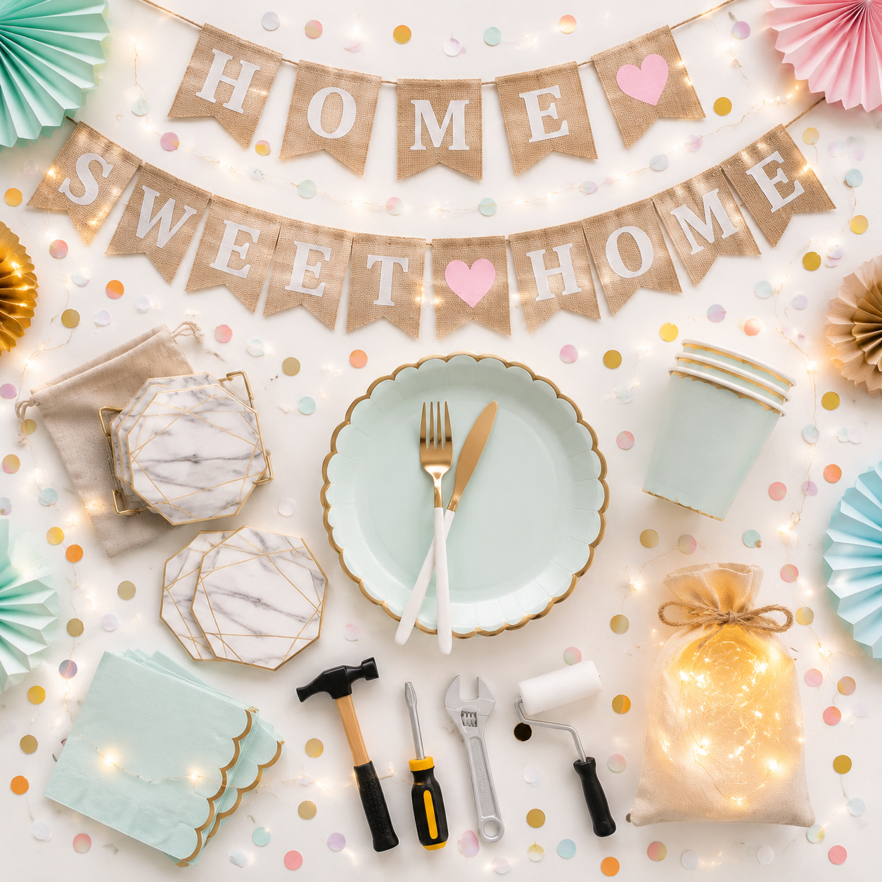 Housewarming Box — party kit flat-lay
