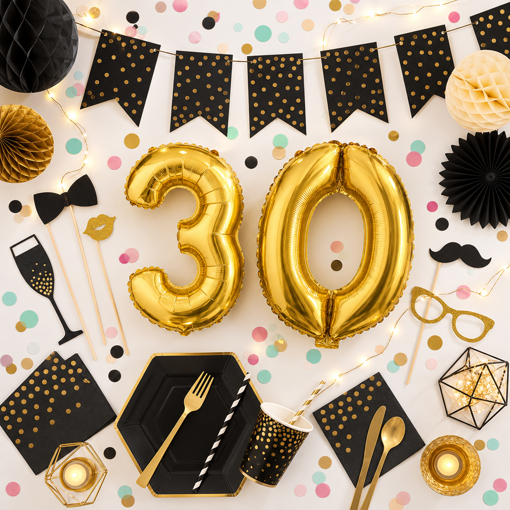 Milestone Birthday Box — party kit flat-lay