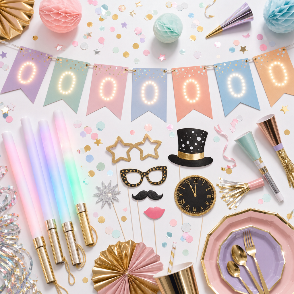 New Year Countdown Box — party kit flat-lay