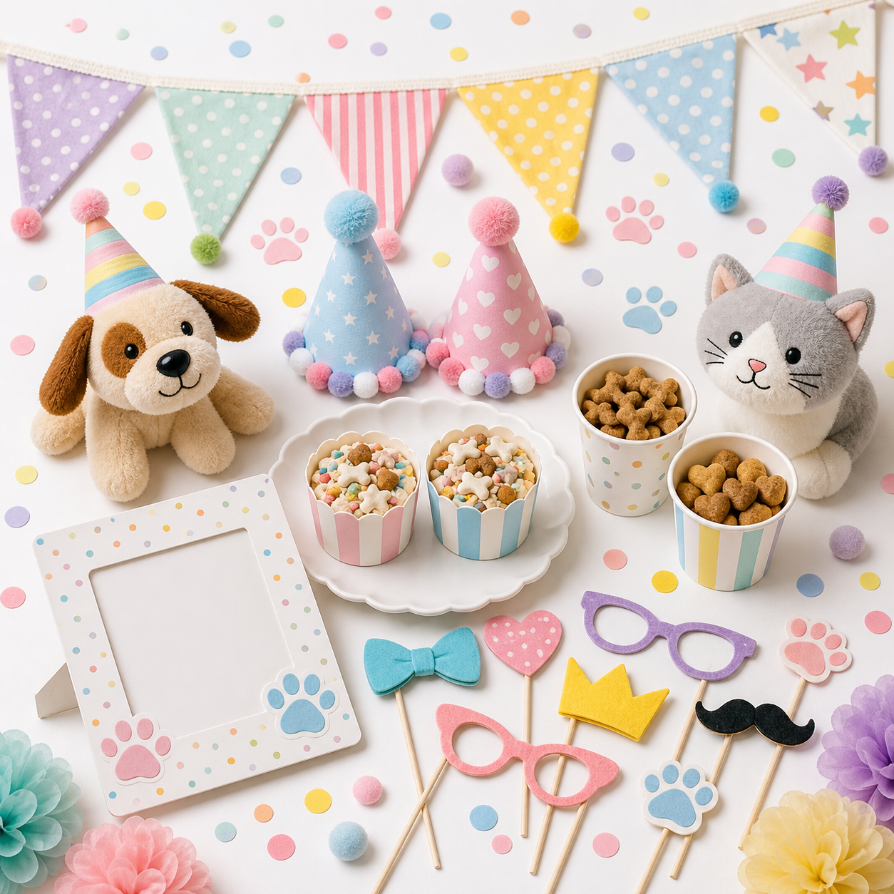 Pet Birthday Box — party kit flat-lay